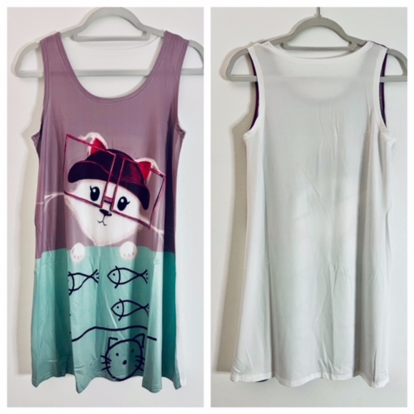 NWT SLEEVELESS CASUAL T-SHIRT A-LINE MINI DRESSES CAT PRINT CREWNECK BEACH TANK - Picture 2 of 8